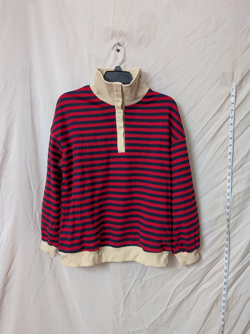 ZESICA Striped Oversized Henley Sweatshirt Small Red Navy Blue Colorblock Pullov